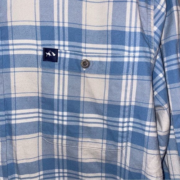 Fish Hippie Shirt Men Medium Flannel long Sleeve Blue/ Cream Plaid Pocket Soft - Picture 3 of 6